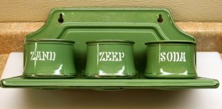 Vtg Kitchen Dutch Zand Zeep Soda Set Rack Green Enamel Canister Sand Soap Soda