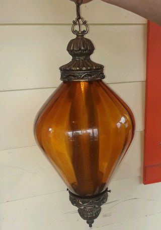 Vintage Mcm Optic Glass Hanging Amber Light Swag Lamp Regency Large Diffuser