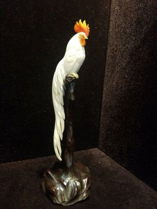 Vintage Japanese White Onagadori Chicken Bovine Hand Carved Figurine On Stand