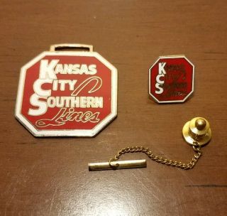 Vintage Kansas City Southern Lines Railroad Red Enamel Tie Pin And Badge