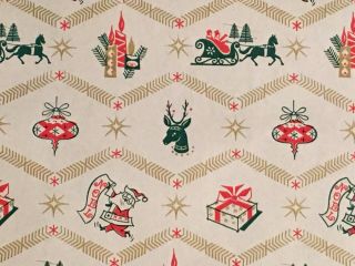 Vtg Christmas Wrapping Paper Gift Wrap 1950 Reindeer Sleigh Candle Ornament Nos
