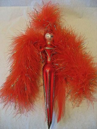 De Carlini Lady With Red Feather Boas Glass Christmas Ornament Italy 10 " T X 6 " W