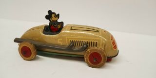 Vtg Tin Disney Mickey Mouse Driving A Race Car J Schneider Orig Rubber Toy