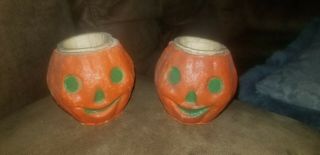 2 Antique Vintage Halloween Paper Mache Jack O Lantern Pumpkin Nut Cup