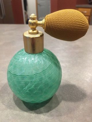 Murano Latticino Perfume Bottle With Atomizer Dimpled Green White Swirl