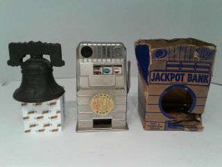 Vintage Toy Cast Iron And Metal Banks Liberty Bell And Slot Machine
