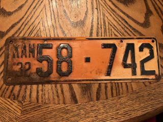 1932 Kansas License Plate Vintage Tag 58 742 Antique