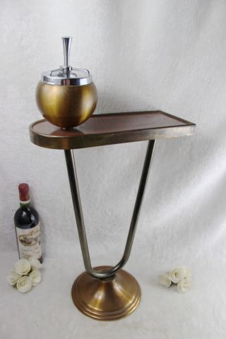 Art Deco French 1930 Copper Metal Ashtray Smoking Table Stand Gold Colour Wood