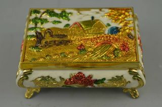 Collectible China Style Cloisonne Carve Village Scenery Rare Ring Jewel Box Gift