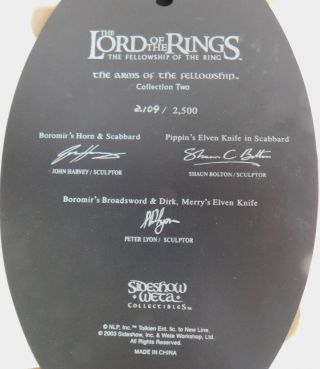LotR Lord of the Rings Sideshow Weta Arms of the Fellowship 9609 plaque /2500 3