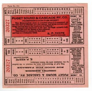 Railway Receipt.  Puget Sound & Cascade Ry Co. ,  Passenger Cash Fare Receipt,  1925