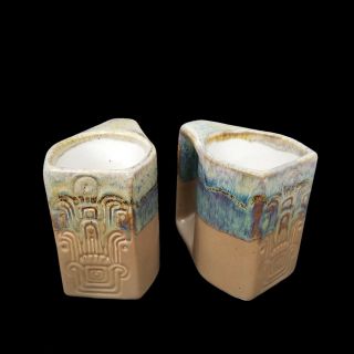Set Of 2 Padilla Southwestern Aztec Carved Ceramic Coffee Tea Mug Stoneware