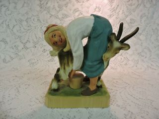 Maid Milking Goat Facing Side - Henning Wood Carving From Norway