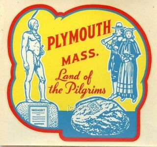 Vintage Plymouth Massachusetts Pilgrims 1949 Souvenir Travel Decal Rare
