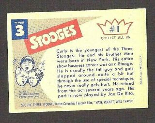 1959 Fleer Three 3 Stooges Color Trading Card 1 Curly (White Back) NM to EXMT, 2