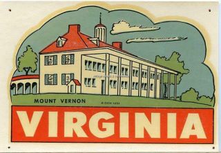 Vintage Mount Vernon Virginia State Souvenir Travel Decal 1951 Water