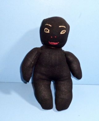 Primitive Old Hand Sewn 8 1/2 " Black Baby Sock Doll Toy Embroidered Features