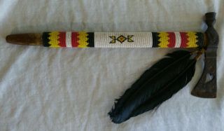Antique Pipe Tomahawk Native American w/ beaded stem Plains Indian.  NR 2