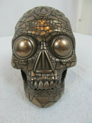 Very Cool Design Clinic Large Aztec Hand Crafted Bronze Skull Sculpture Tl 1785