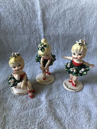 Vintage Lefton Little Miss Mistletoe Christmas Ballerinas Set Of Three Japan