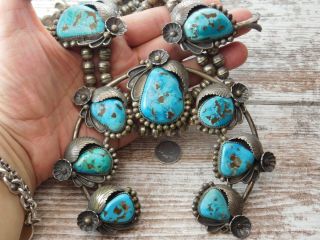 323g Vtg Old Pawn Navajo Sterling Silver Turquoise Squash Blossom Bead Necklace