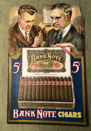 Rare 1920s 1930s Bank Note Cigars 5 Cent Cardboard Easel Back Tobacco Sign - 21”