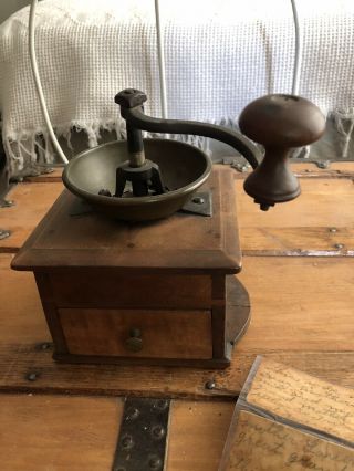 Antique Vintage Metal And Wood Coffee Grinder With Drawer And History