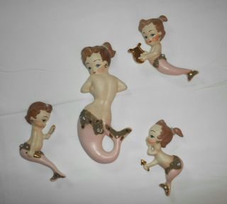 Rare Vintage 50s 4 Piece Mom & Baby Ceramic Mermaid Wall Plaque Hanging Set