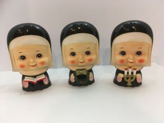 Three Vintage Ceramic Christmas Nuns Figurines Japan Rare