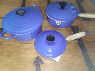 Vintage Le Creuset set of 3 Dutch Oven & sauce pans blue cast iron enamel 2