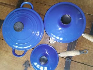 Vintage Le Creuset set of 3 Dutch Oven & sauce pans blue cast iron enamel 3