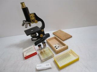 Vintage Ernst Leitz Wetzlar Microscope 13 " No.  291545 Black,  Gold W Accessories