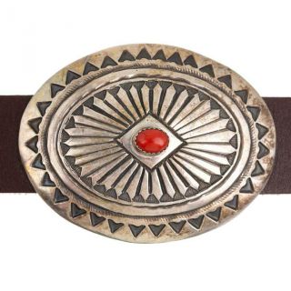 Navajo Concho Belt Sterling Silver CORAL Stamp Work LEATHER BELT Old Pawn 3