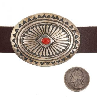 Navajo Concho Belt Sterling Silver CORAL Stamp Work LEATHER BELT Old Pawn 4