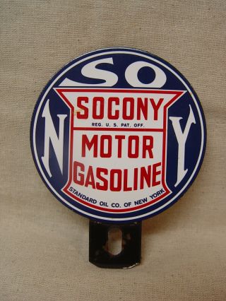 Socony Motor Gasoline Standard Oil Co.  Porcelain 2 - Piece License Plate Topper
