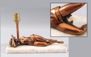 Antique Erotica Risque Naughty Bronze Nude Woman Statue,  Cigar Cutter & Lighter