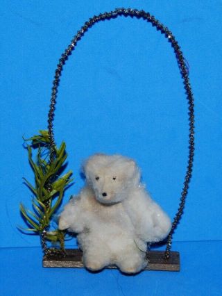 Antique Germany Cotton Polar Bear On Swing Ornament