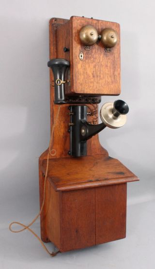 Lrg Antique 1890s Oak Twin Box Kellogg Magneto Wall Phone Telephone