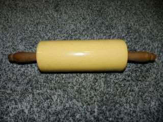 Antique Yelloware Pottery Rolling Pin With Wooden Handles