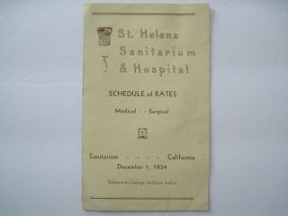 St Helena Ca Sanitarium & Hospital 1934 Pricing Pamphlet