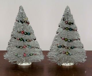 2 Vintage White Bottle Brush Christmas Trees Glitter & Lg Mercury Glass Beads Ex