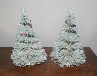 2 Vintage White Bottle Brush Christmas Trees Glitter & Lg Mercury Glass Beads Ex 2