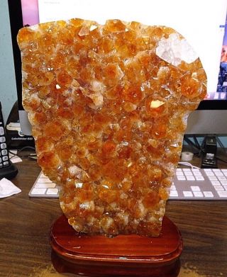 Large Citrine Crystal Cluster Cathedral Geode Brazil W/ Wood Stand Polished