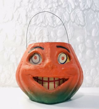 Vintage Antique Halloween Jack O Lantern Pumpkin Candy Dish Paper Inserts Handle