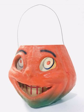Vintage Antique Halloween Jack O Lantern Pumpkin Candy Dish Paper Inserts Handle 2