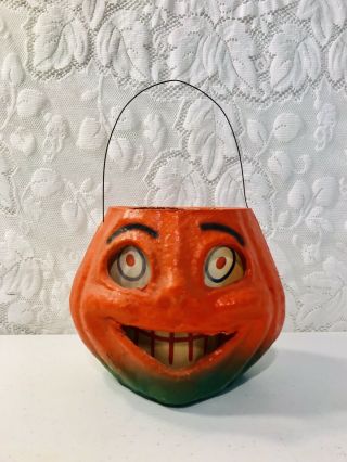Vintage Antique Halloween Jack O Lantern Pumpkin Candy Dish Paper Inserts Handle 3