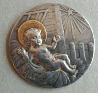 Antique Sterling Silver Religious Medal - Two - Tone Baby Jesus In Manger,  1906