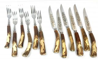 Vintage Germany Solingen Kla - Tra - So Carved Stag Horn 12 Forks Knife Set Hunting