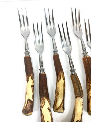 Vintage Germany Solingen Kla - Tra - So Carved Stag Horn 12 Forks Knife Set Hunting 2