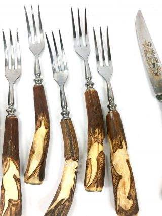 Vintage Germany Solingen Kla - Tra - So Carved Stag Horn 12 Forks Knife Set Hunting 3